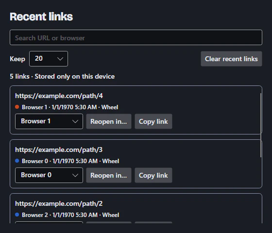 Recent links window with example.com addresses, browser selectors, and copy and reopen controls.