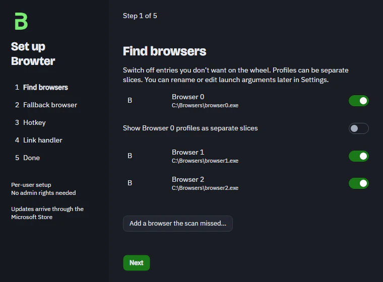 Browter setup step 1 with sample browser toggles and separate-profile option.