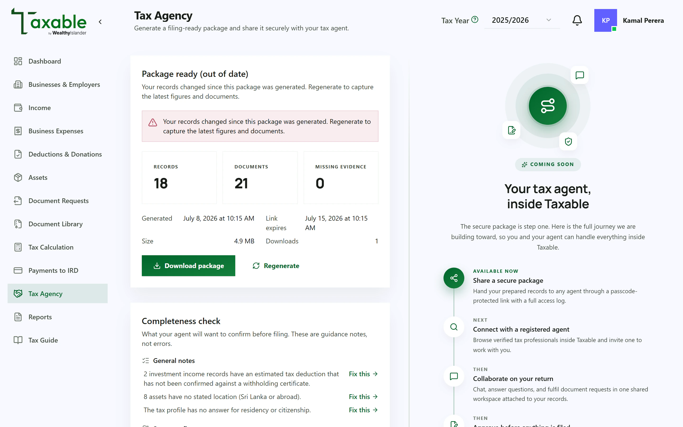 Taxable Tax Agency screen with a package summary, download and regenerate buttons, a completeness check and a roadmap panel labelled Coming Soon.