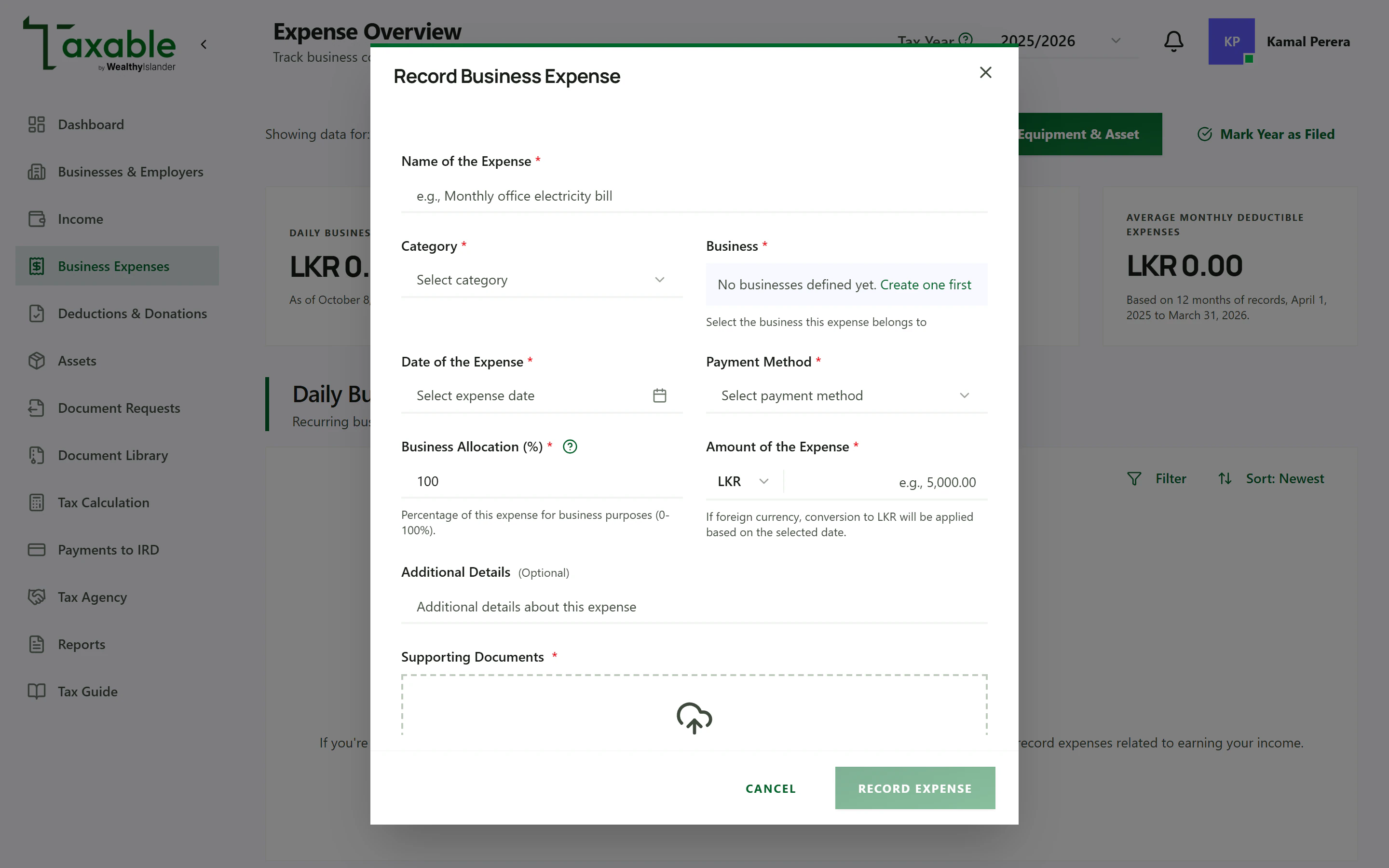 Taxable Record Business Expense form with fields for name, category, business, date, payment method, business allocation percentage, amount and supporting documents.