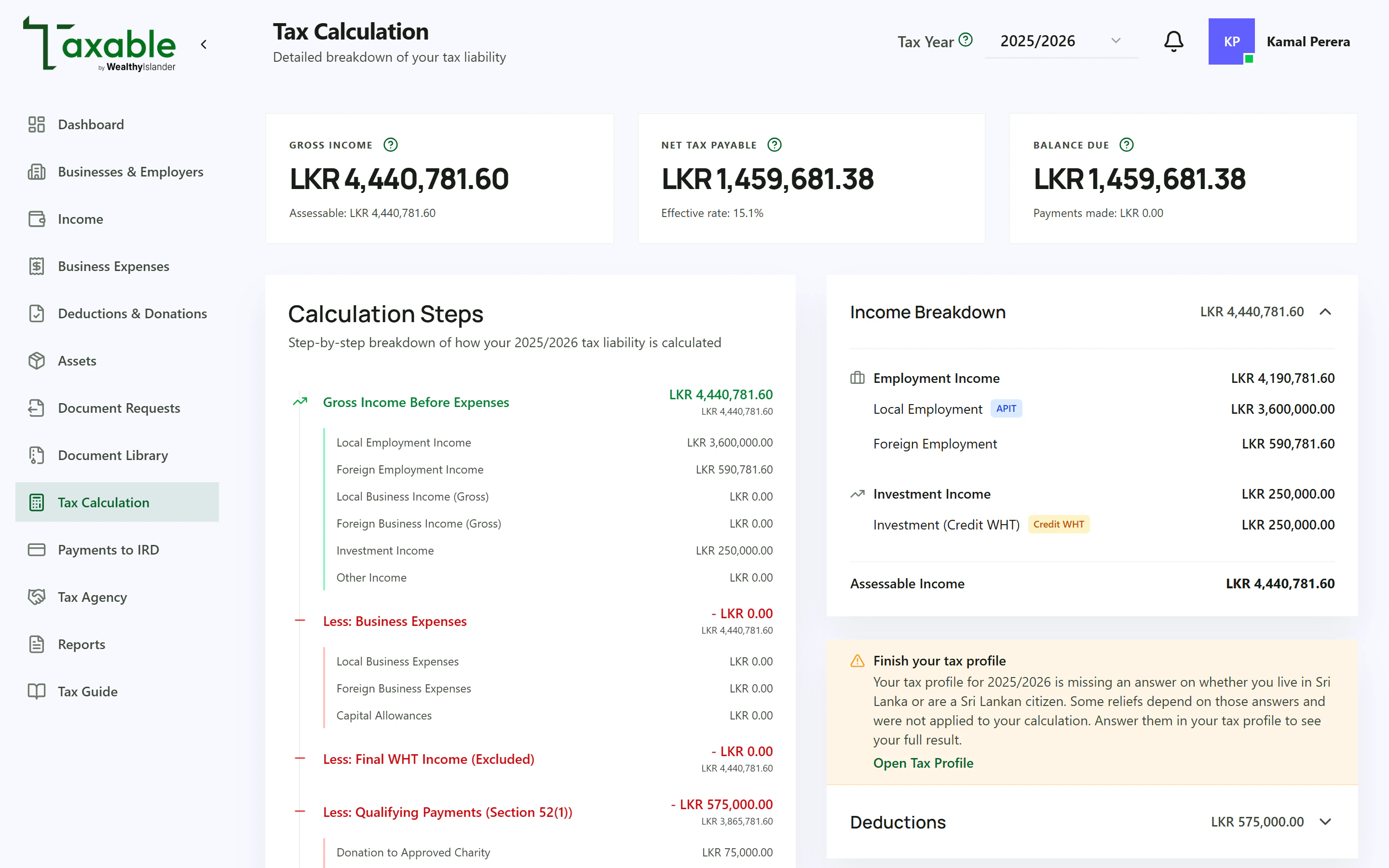 Taxable Tax Calculation screen with three summary figures, a list of calculation steps and an income breakdown panel.