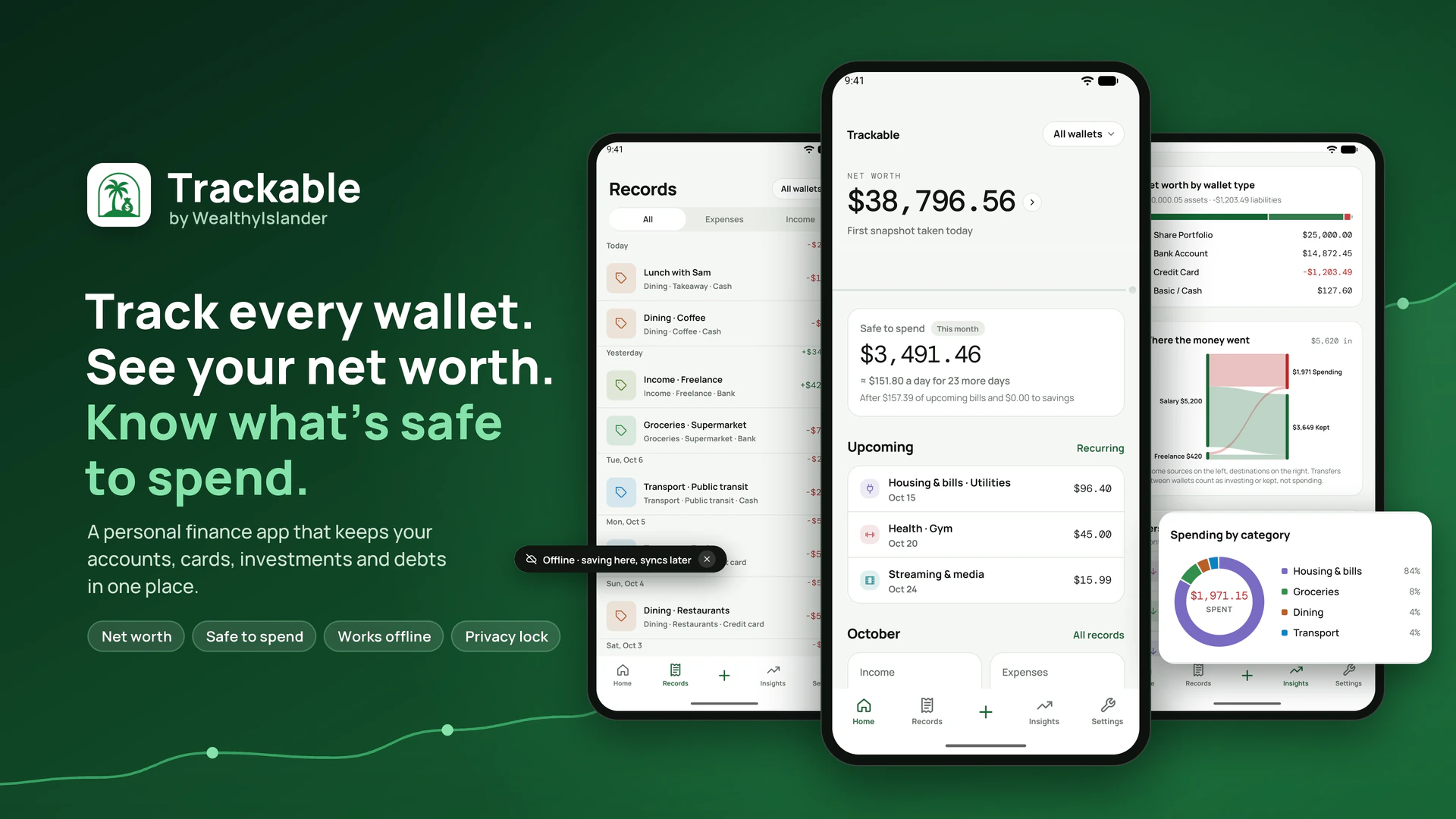 Trackable by WealthyIslander product artwork showing wallets, net worth, safe-to-spend and spending insights.