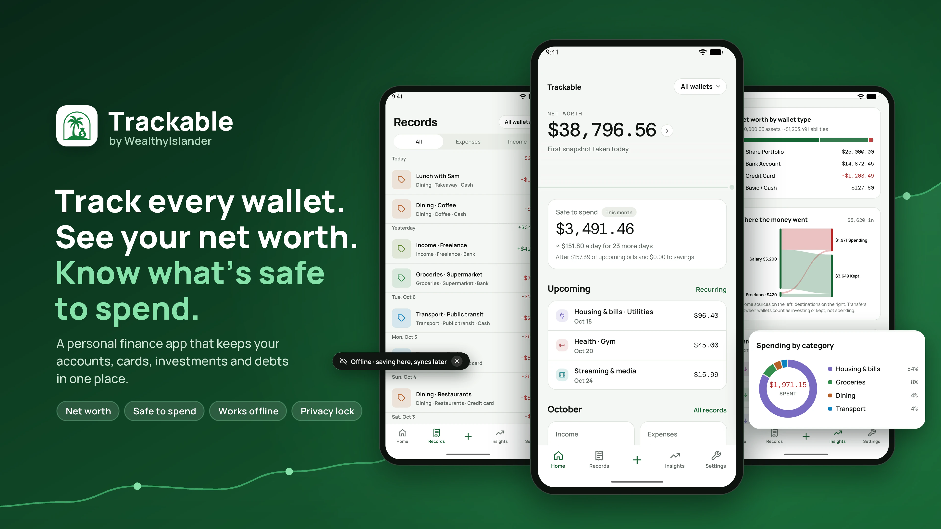 Trackable by WealthyIslander product artwork showing wallets, net worth, safe-to-spend and spending insights.