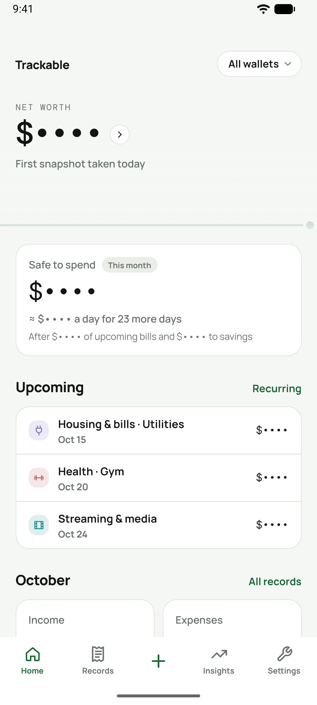 Home screen with all amounts shown as dots instead of numbers.