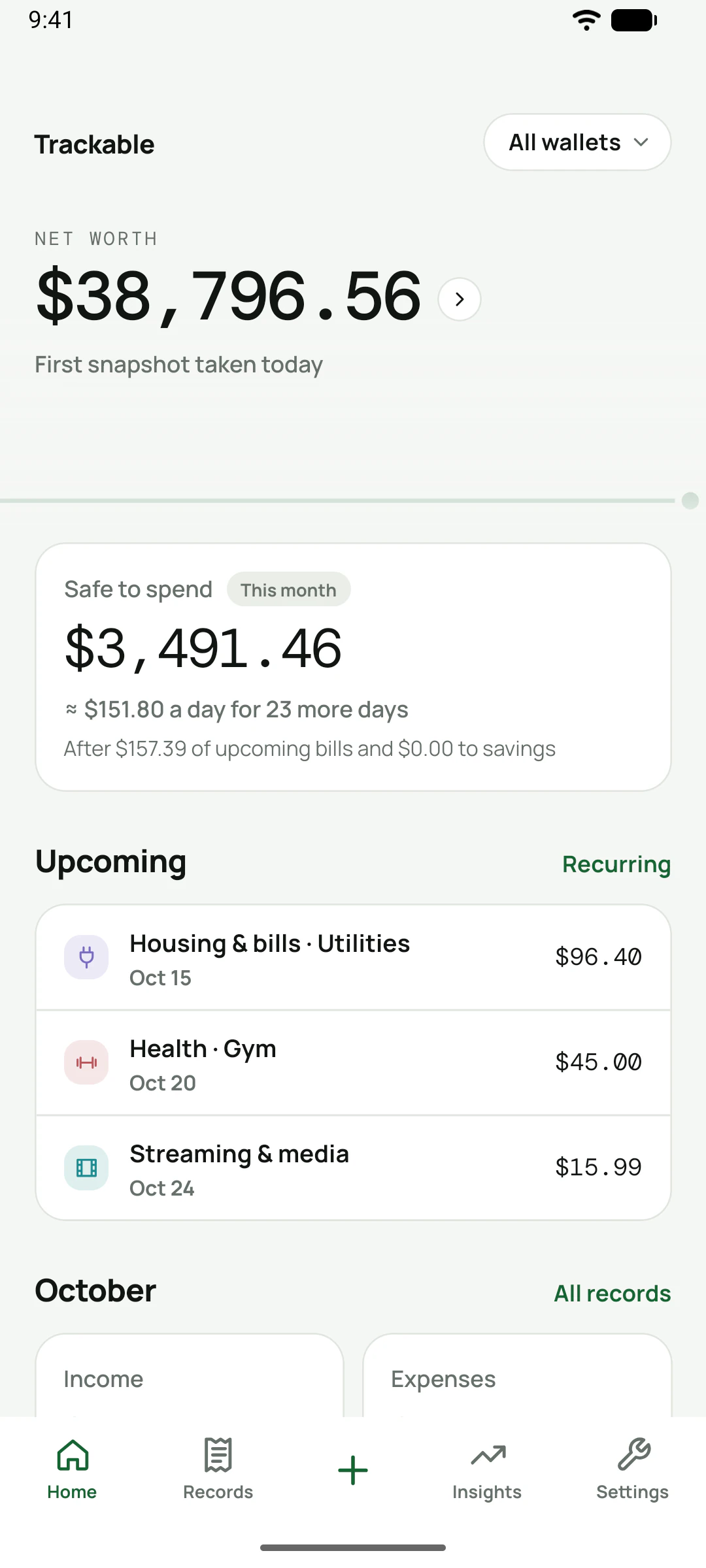 Trackable Home screen showing a net worth of $38,796.56, a Safe to spend card of $3,491.46 and three upcoming bills.