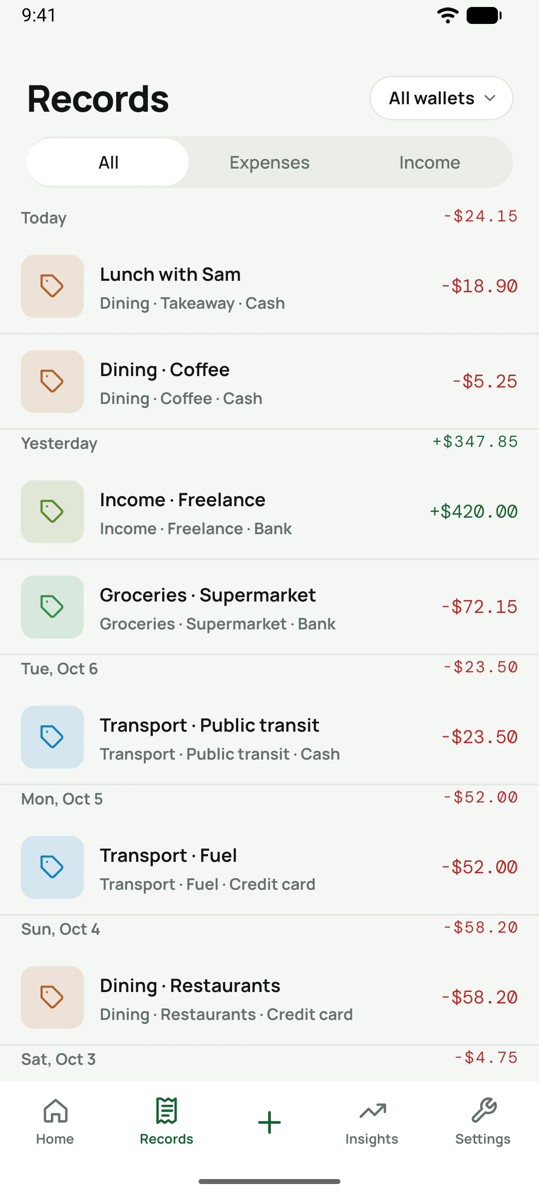 Records tab listing expenses and income for several days, each with a category, wallet and amount.