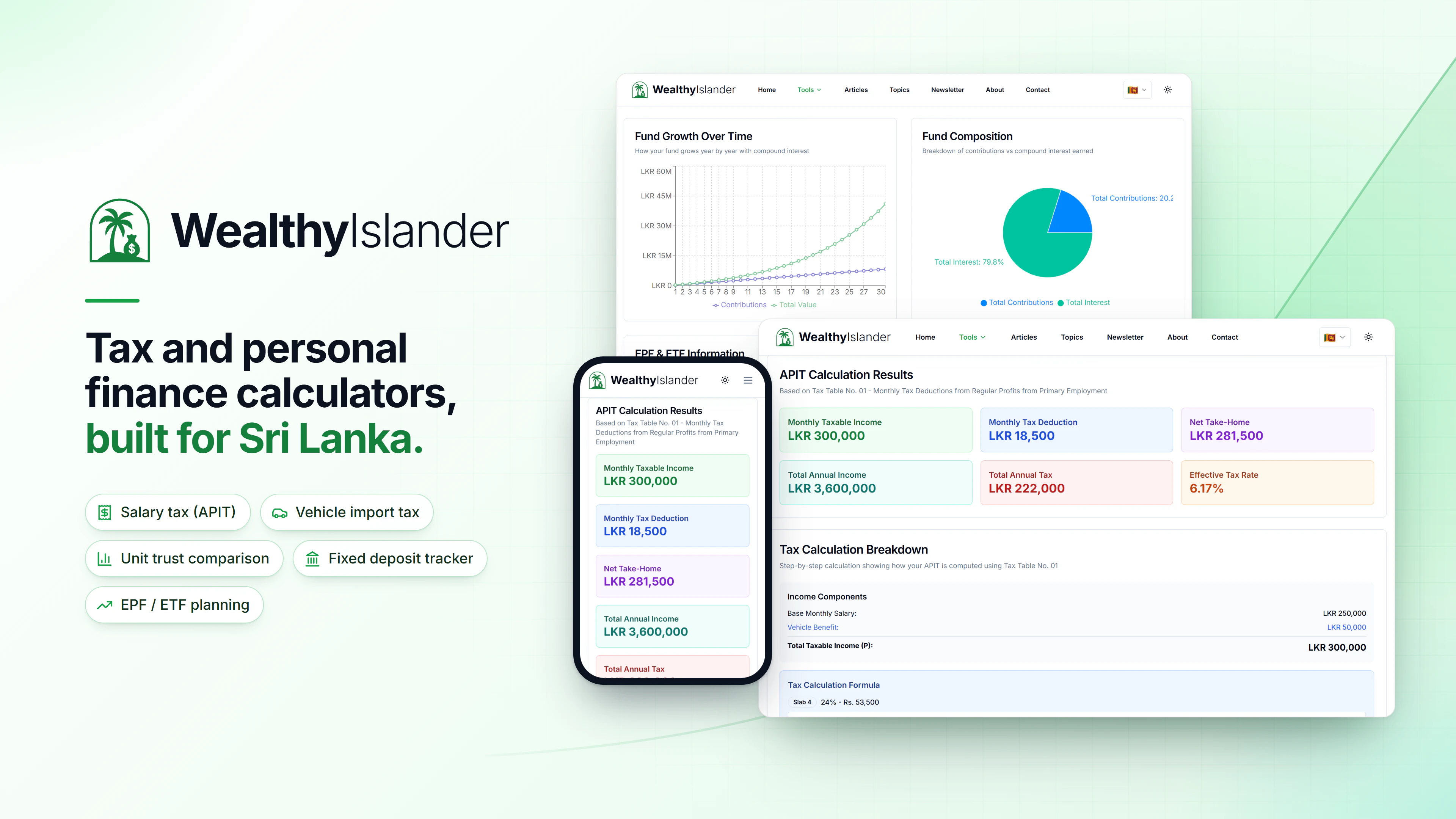 WealthyIslander product artwork showing salary-tax results and financial-planning charts.