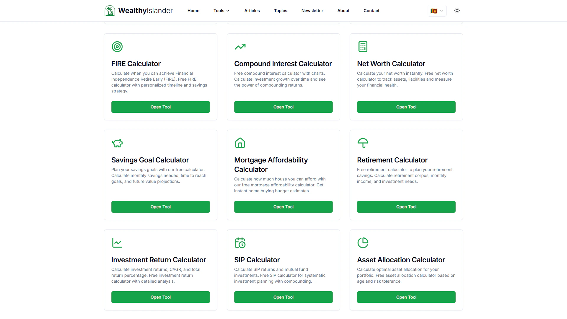 Grid of nine calculator cards including FIRE, compound interest, net worth, savings goal, mortgage affordability, retirement, investment return, SIP and asset allocation, each with an Open Tool button.